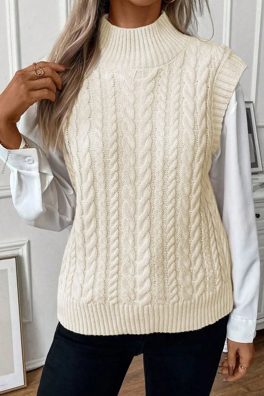 Oatmeal Cable Knit High Neck Sweater Vest - Love Salve